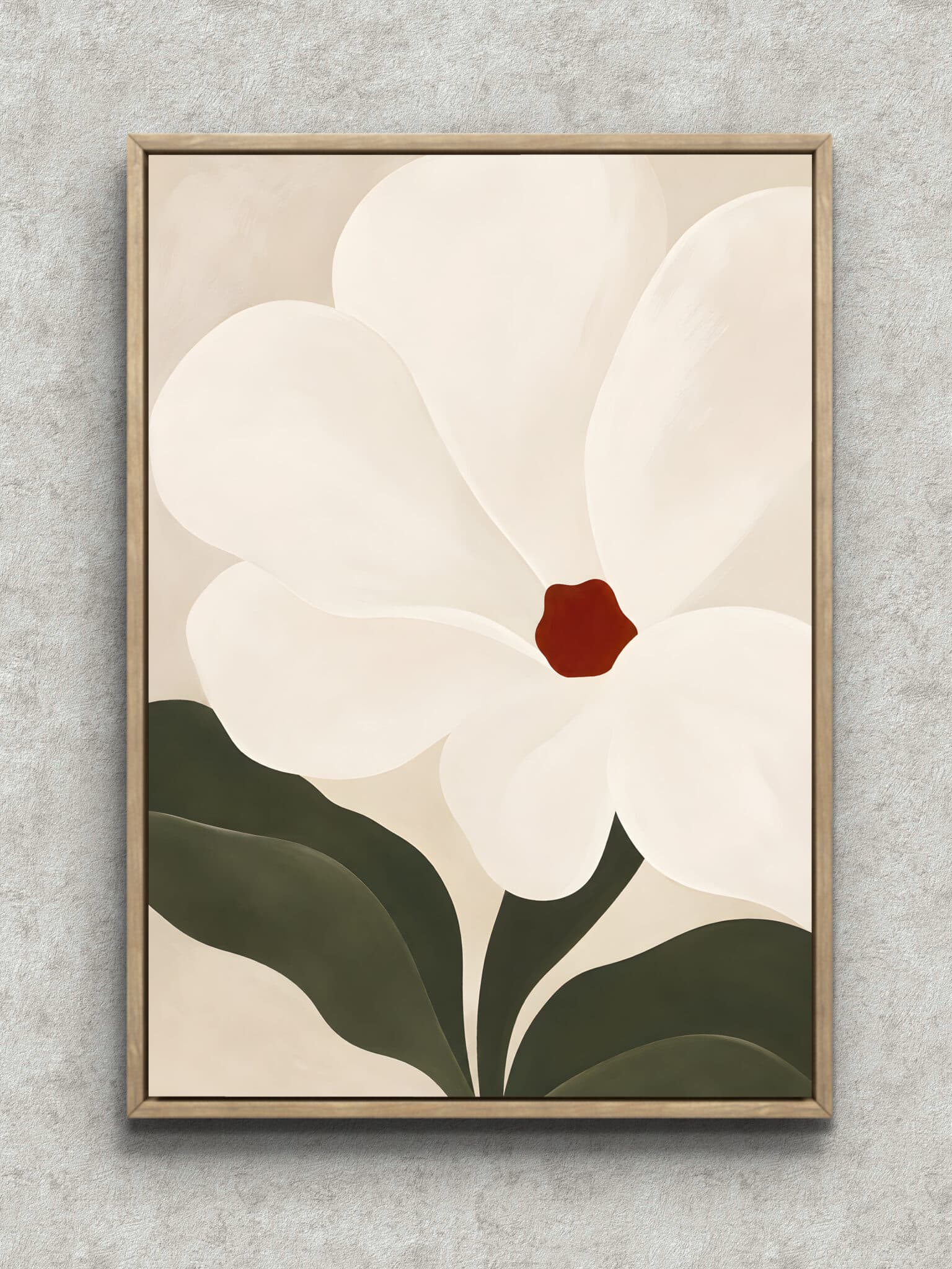 white-flower-botanical-interior-art-main-1-ma-10733.jpg 白い大輪の花と深緑の葉を描いた植物 インテリアアート フレーム設置イメージ