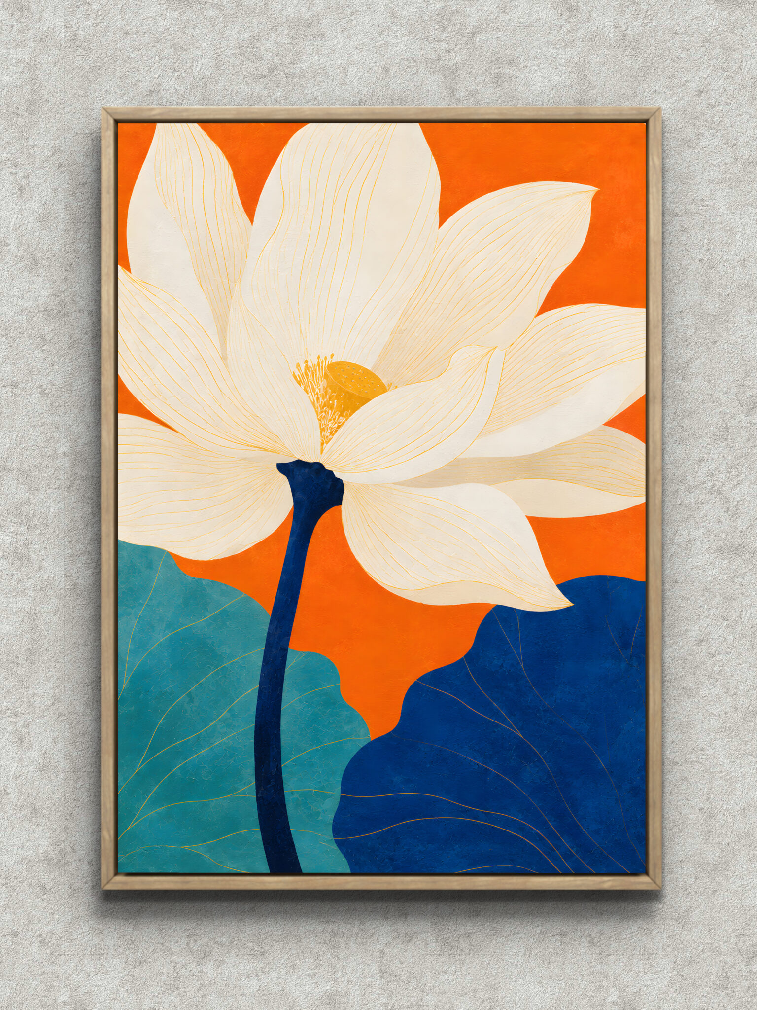 white-flower-indigo-botanical-interior-art-main-1-ma-10806.jpg オレンジ背景に白い花と藍色の茎が映える植物 インテリアアート フレーム設置イメージ