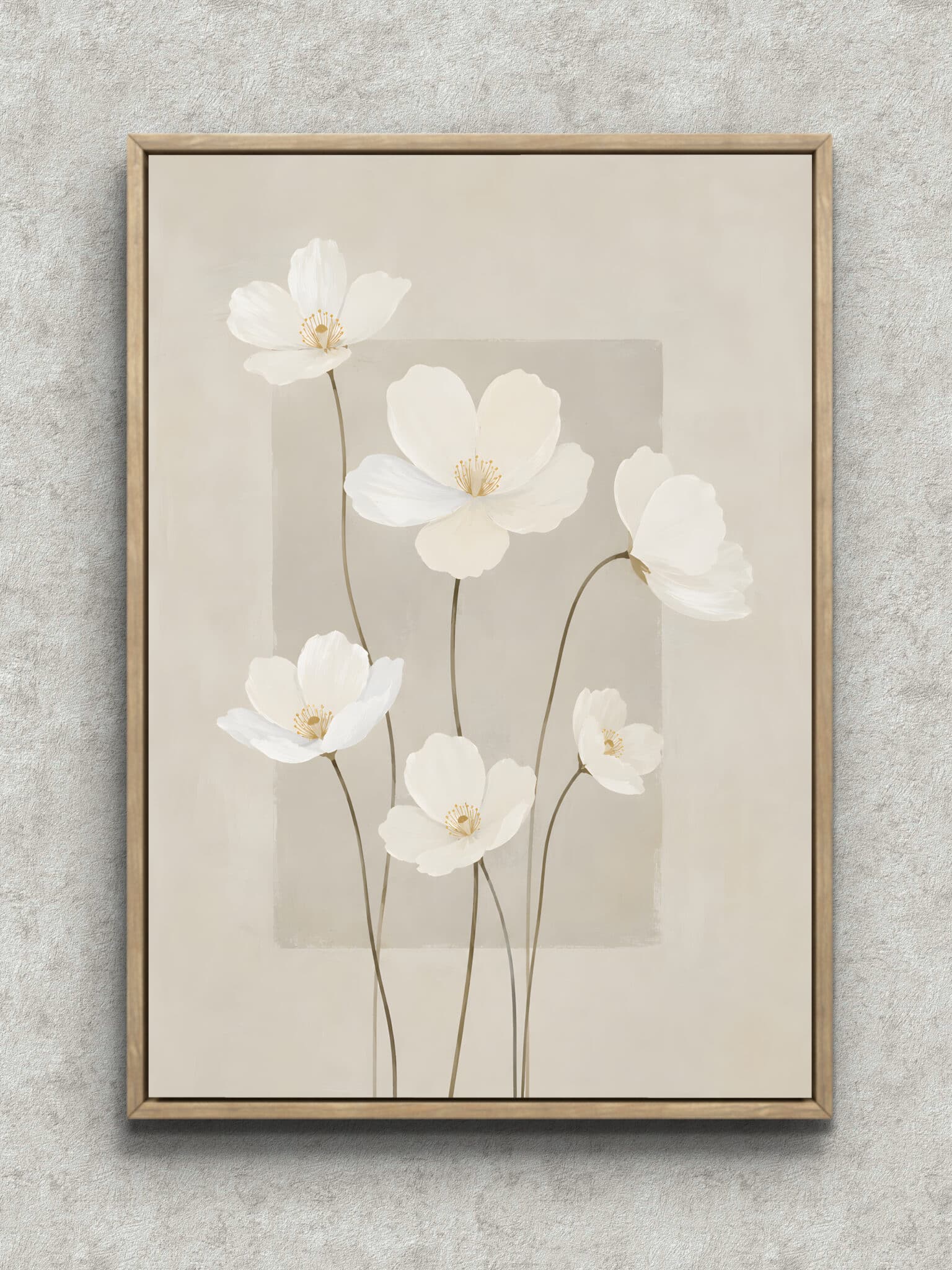 white-flower-minimal-interior-art-main-1-ma-10767.jpg 白い花がすっと伸びる淡色の植物 インテリアアート フレーム設置イメージ