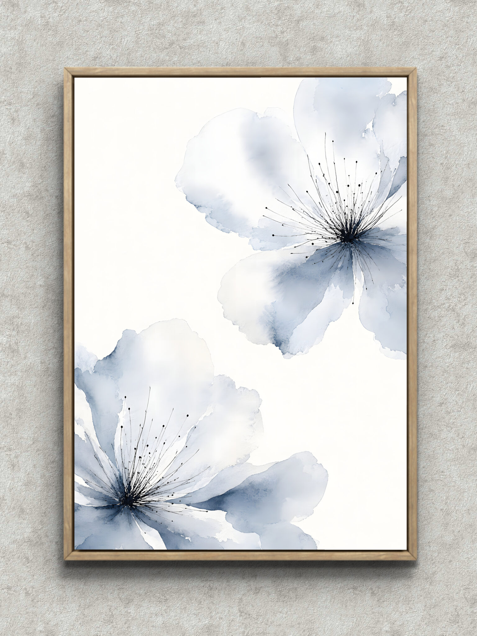 white-flower-minimal-interior-art-main-1-ma-10823.jpg 白い花びらを淡い水彩で描いた縦長の植物 インテリアアート フレーム設置イメージ