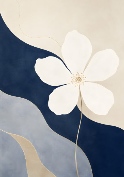 白い花とネイビーの流れを描いたミニマル 花 アートパネル
