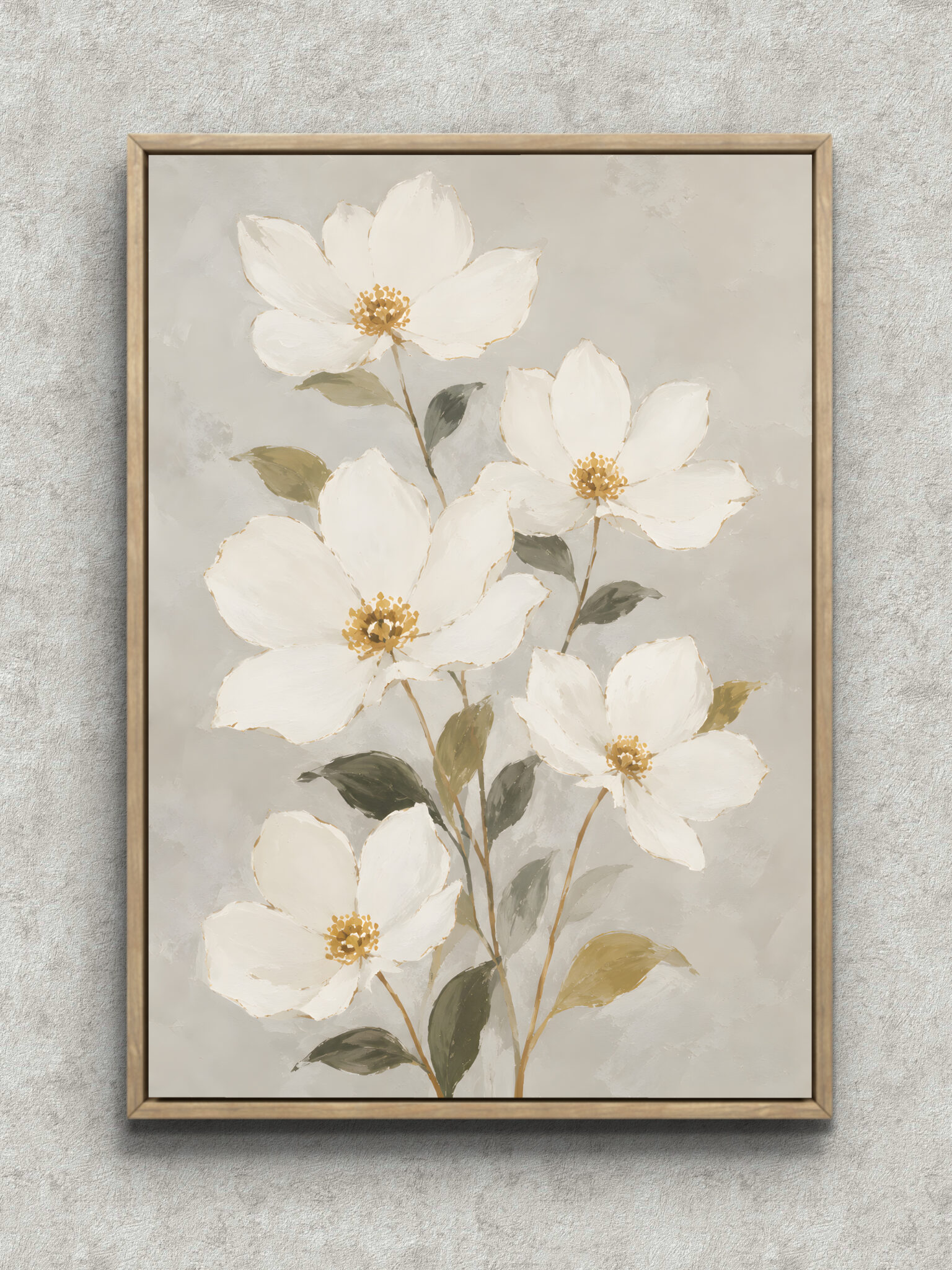 white-flower-soft-botanical-interior-art-main-1-ma-10805.jpg 白い花びらを淡色で重ねた縦長の植物 インテリアアート フレーム設置イメージ