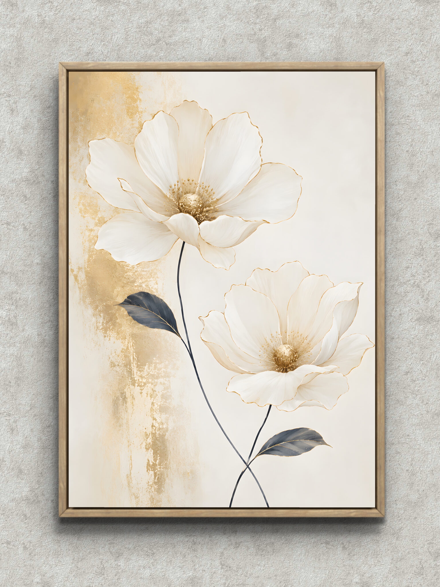 white-gold-flower-interior-art-main-1-ma-10698.jpg 白い花と金の花芯を描いた上品なフラワーアートパネル フレーム設置イメージ