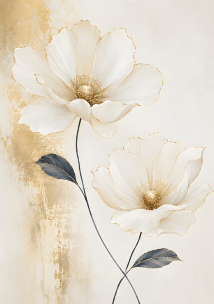 白い花と金の花芯を描いた上品なフラワーアートパネル