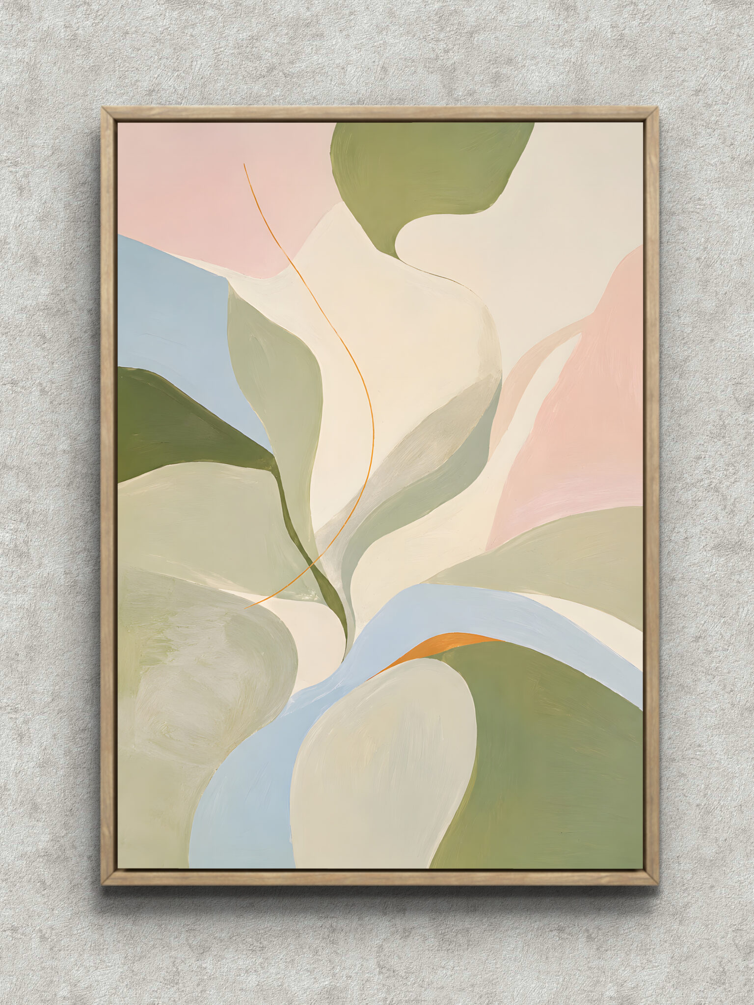 white-leaf-art-panel-main-1-ma-10628.jpg 淡い色面と葉のような形が重なる白いリーフ アートパネル フレーム設置イメージ