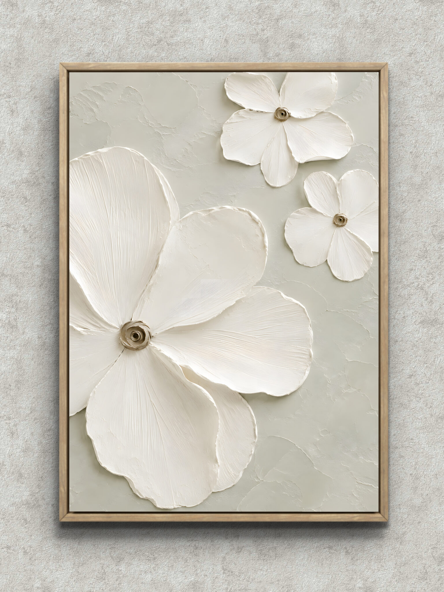 white-petal-floral-abstract-interior-art-main-1-ma-10678.jpg 白い花びらの立体感と余白が印象的なフラワーモチーフの抽象 インテリアアート フレーム設置イメージ