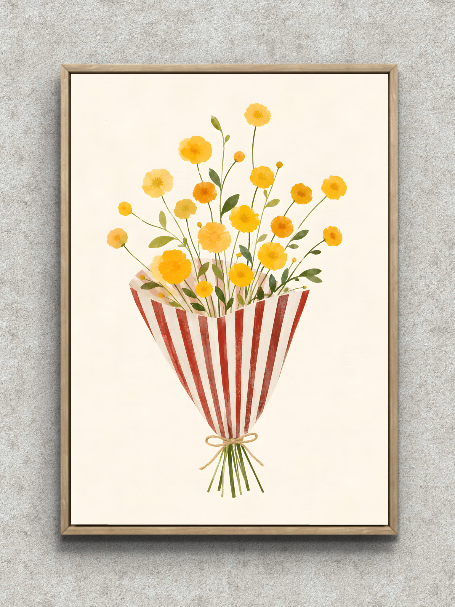 yellow-bouquet-striped-wrap-interior-art-main-1-ma-10705.jpg 黄色い小花の花束と赤白ストライプの包み紙を描いたフラワーアートパネル フレーム設置イメージ