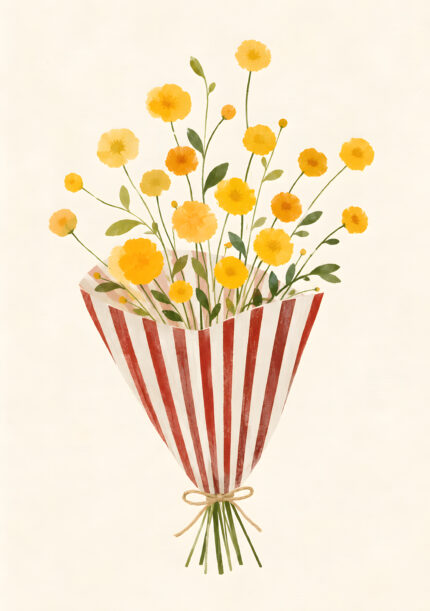 黄色い小花の花束と赤白ストライプの包み紙を描いたフラワーアートパネル
