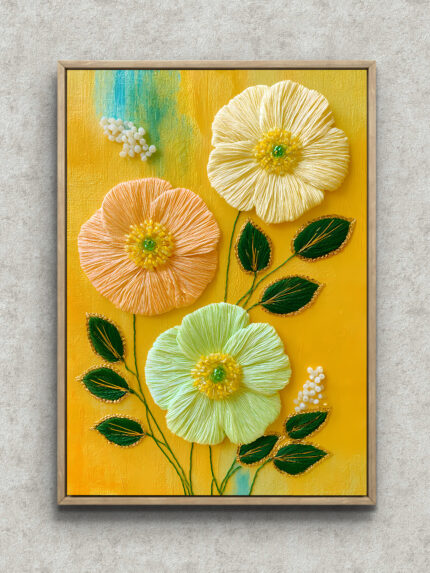 明るい黄色の背景に大きな花と葉を描いた植物 インテリアアート フレーム設置イメージ