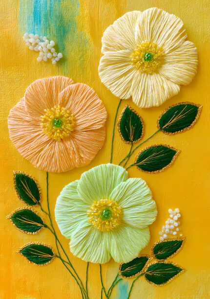 明るい黄色の背景に大きな花と葉を描いた植物 インテリアアート