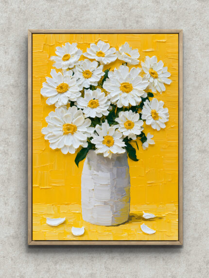 白い花束と黄色の花瓶を描いたイエロー フラワーアートパネル フレーム設置イメージ