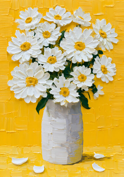 白い花束と黄色の花瓶を描いたイエロー フラワーアートパネル