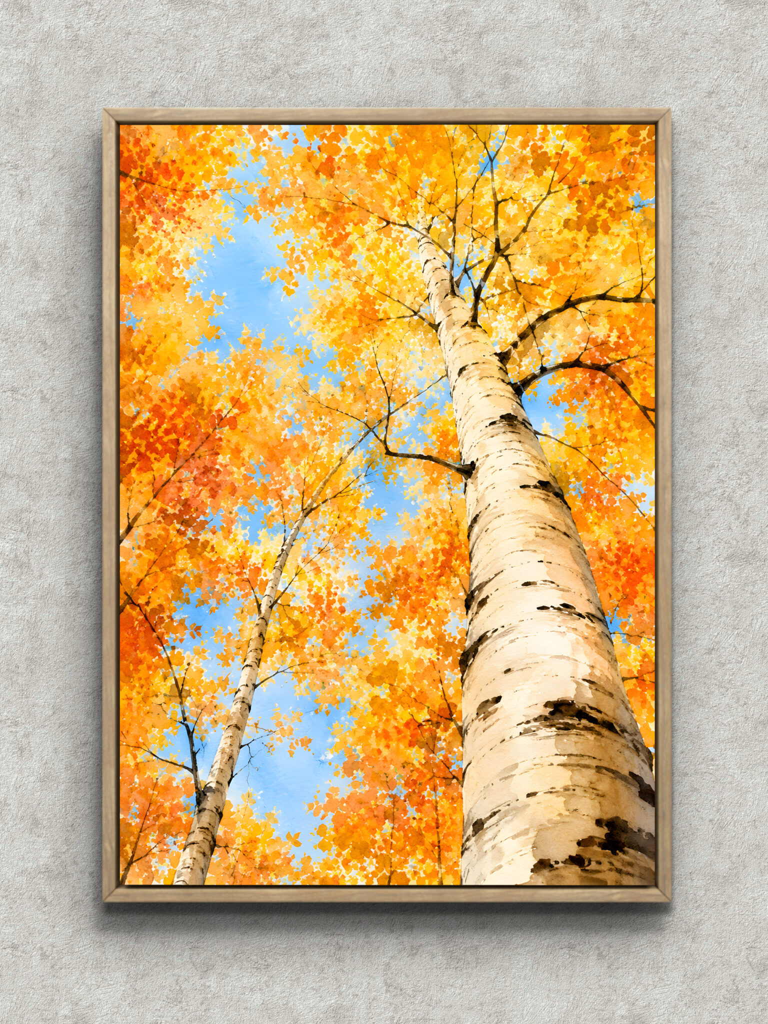 birch-autumn-sky-interior-art-main-1-ma-10891.jpg 青空と黄葉の中に白樺の幹が伸びる秋陽の梢のボタニカルアートパネル フレーム設置イメージ