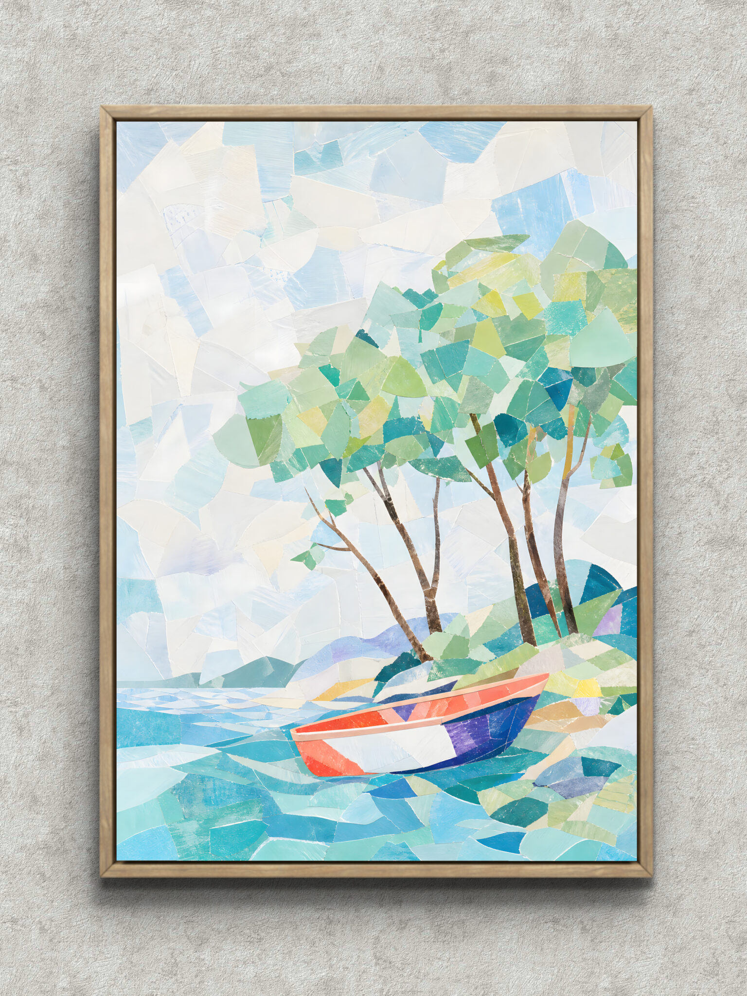 blue-boat-landscape-interior-art-main-1-ma-10936.jpg 淡い水色と緑で木々と小舟を描いた風景アートパネル フレーム設置イメージ