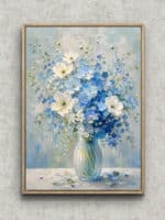 青と白の花を白い花瓶に束ねたフラワーアートパネル フレーム設置イメージ
