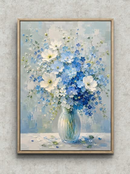 青と白の花を白い花瓶に束ねたフラワーアートパネル フレーム設置イメージ
