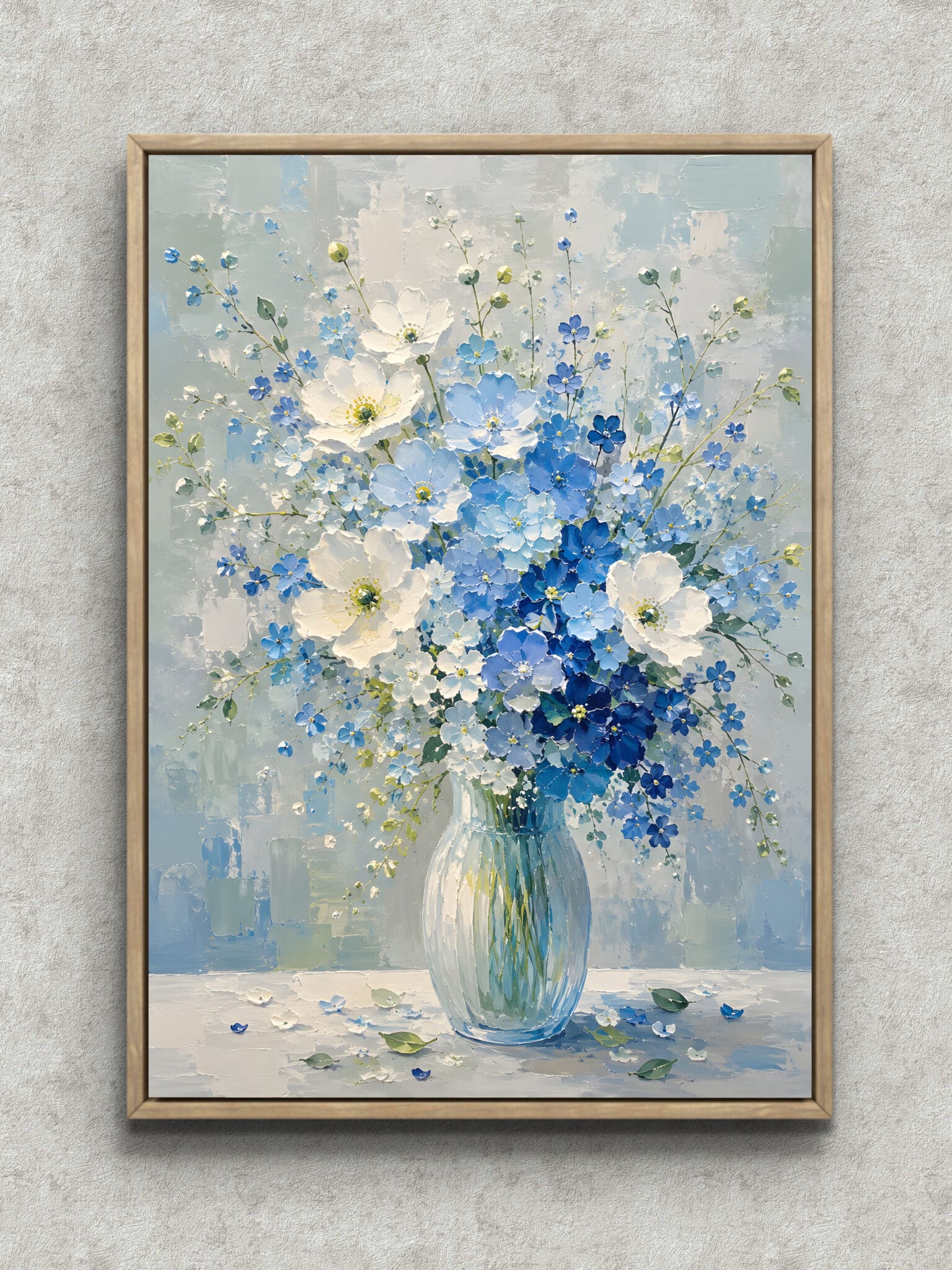 blue-bouquet-white-vase-flower-interior-art-main-1-ma-10979.jpg 青と白の花を白い花瓶に束ねたフラワーアートパネル フレーム設置イメージ
