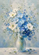 青と白の花を白い花瓶に束ねたフラワーアートパネル