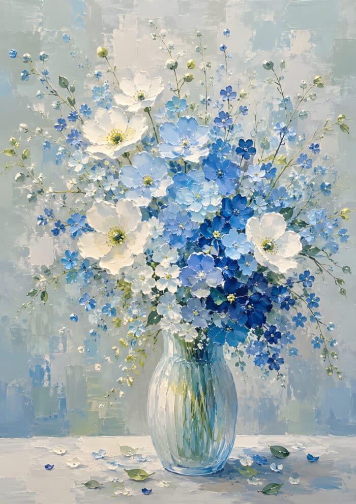 青の花束｜白壁にやさしく映えるフラワーアート