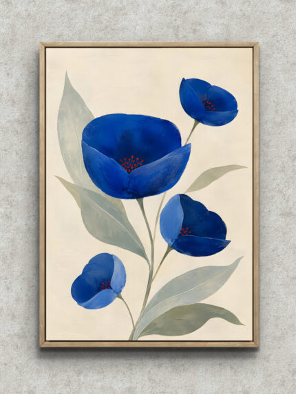 深い青の花と淡い葉を描いた縦構図のフラワーアートパネル フレーム設置イメージ