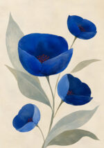 深い青の花と淡い葉を描いた縦構図のフラワーアートパネル