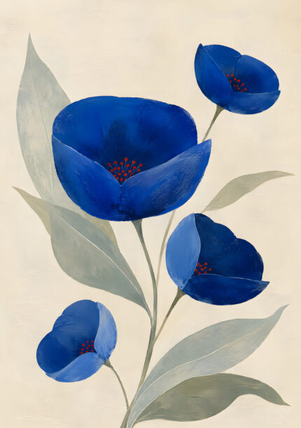 深い青の花と淡い葉を描いた縦構図のフラワーアートパネル