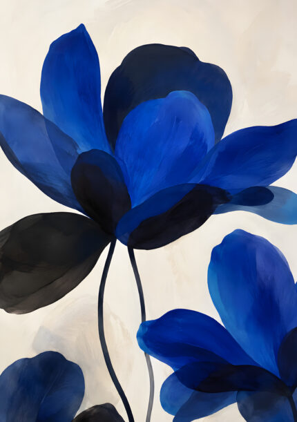 青い花びらの重なりを描いた抽象 インテリアアート