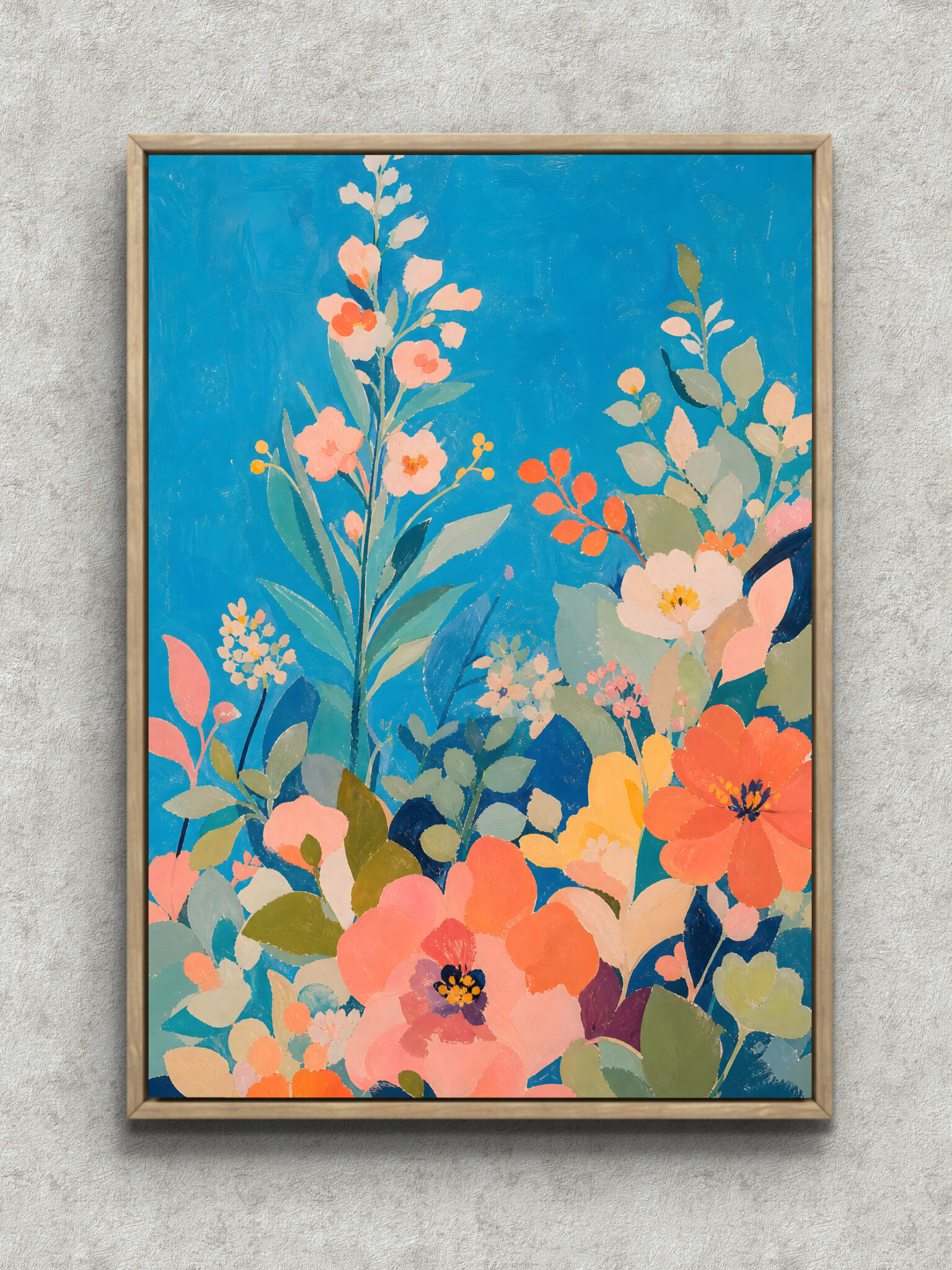 blue-floral-botanical-interior-art-main-1-ma-10935.jpg 青い背景に花と葉が広がるボタニカルアートパネル 花遊び フレーム設置イメージ