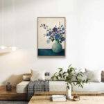 リビングに飾った青紫の花と花瓶モチーフの北欧 絵画のアートパネル 設置イメージ 10