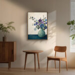 リビングに飾った青紫の花と花瓶モチーフの北欧 絵画のアートパネル 設置イメージ 2