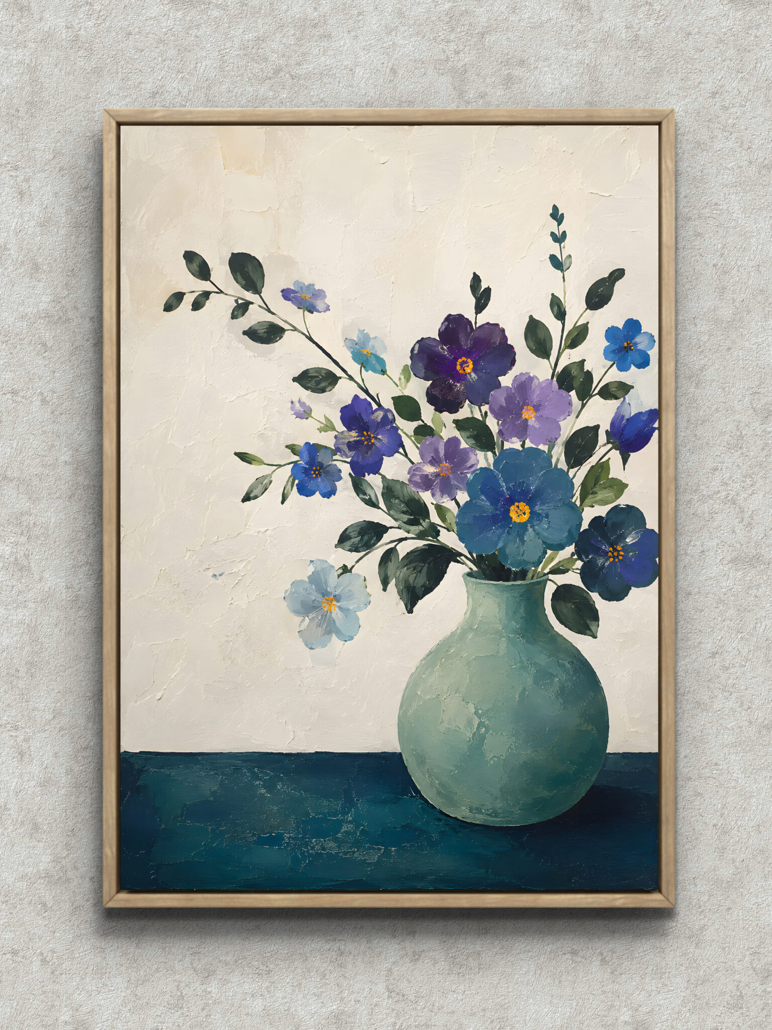 blue-floral-vase-nordic-art-main-1-ma-10890.jpg 青紫の花を青緑の花瓶に生けた縦長の北欧 絵画のアートパネル フレーム設置イメージ