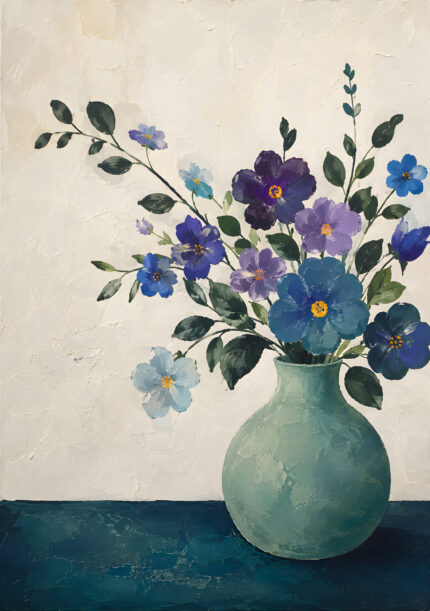 青紫の花を青緑の花瓶に生けた縦長の北欧 絵画のアートパネル
