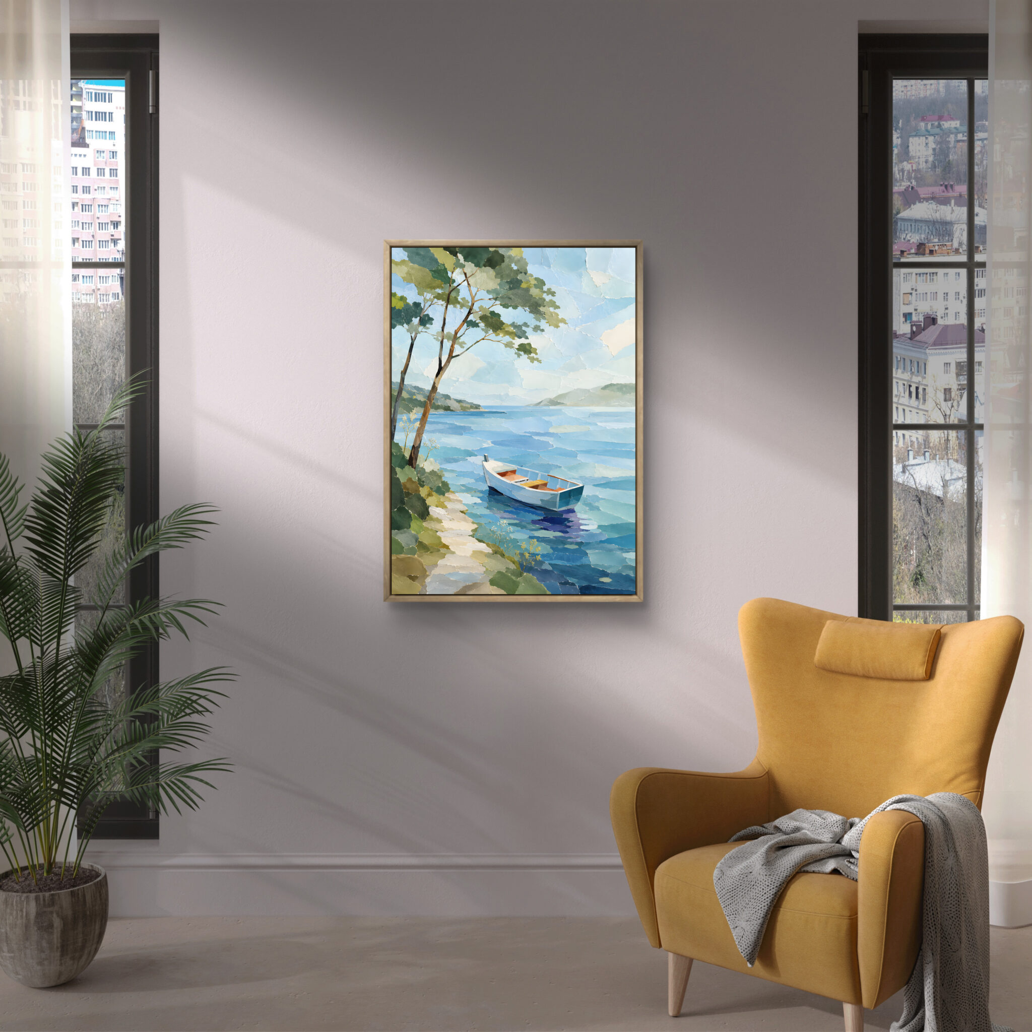 抽象 インテリアアート｜青い湖畔と小舟の静かな風景