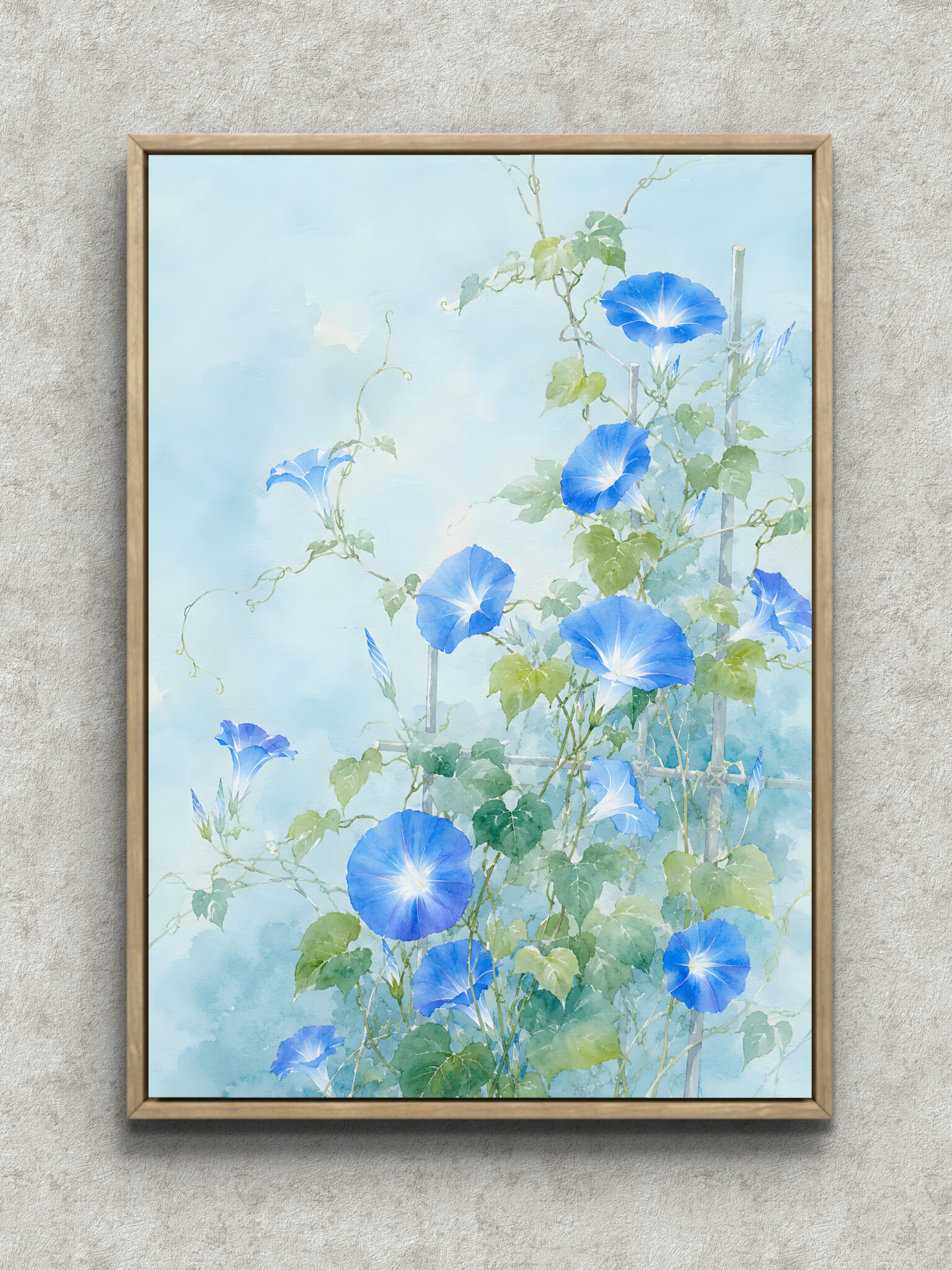 blue-morning-glory-flower-interior-art-main-1-ma-10864.jpg 淡い水色の余白に青い朝顔とつる葉を描いたフラワー インテリアアート フレーム設置イメージ