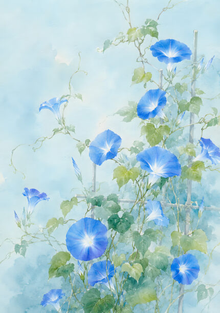 淡い水色の余白に青い朝顔とつる葉を描いたフラワー インテリアアート