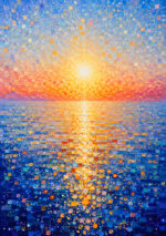 青い海に太陽の光粒が広がる抽象 インテリアアート