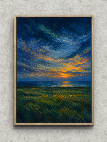 深い青の海と夕陽の光を描いた縦構図の風景アートパネル フレーム設置イメージ