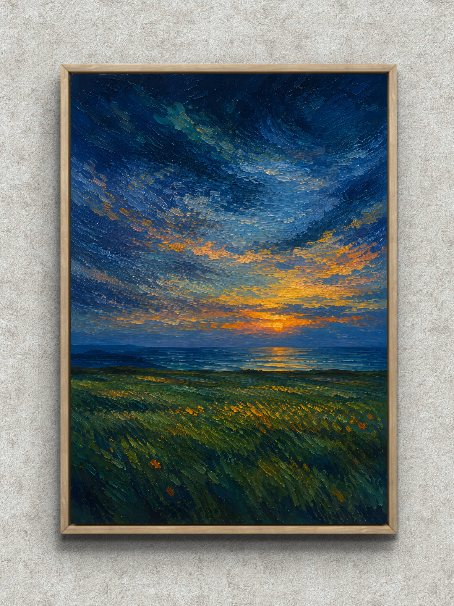 blue-sunset-seascape-abstract-interior-art-main-1-ma-10910.jpg 深い青の海と夕陽の光を描いた縦構図の風景アートパネル フレーム設置イメージ