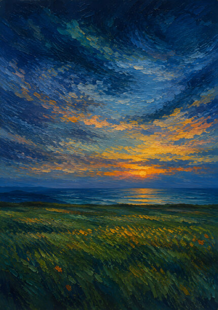 深い青の海と夕陽の光を描いた縦構図の風景アートパネル