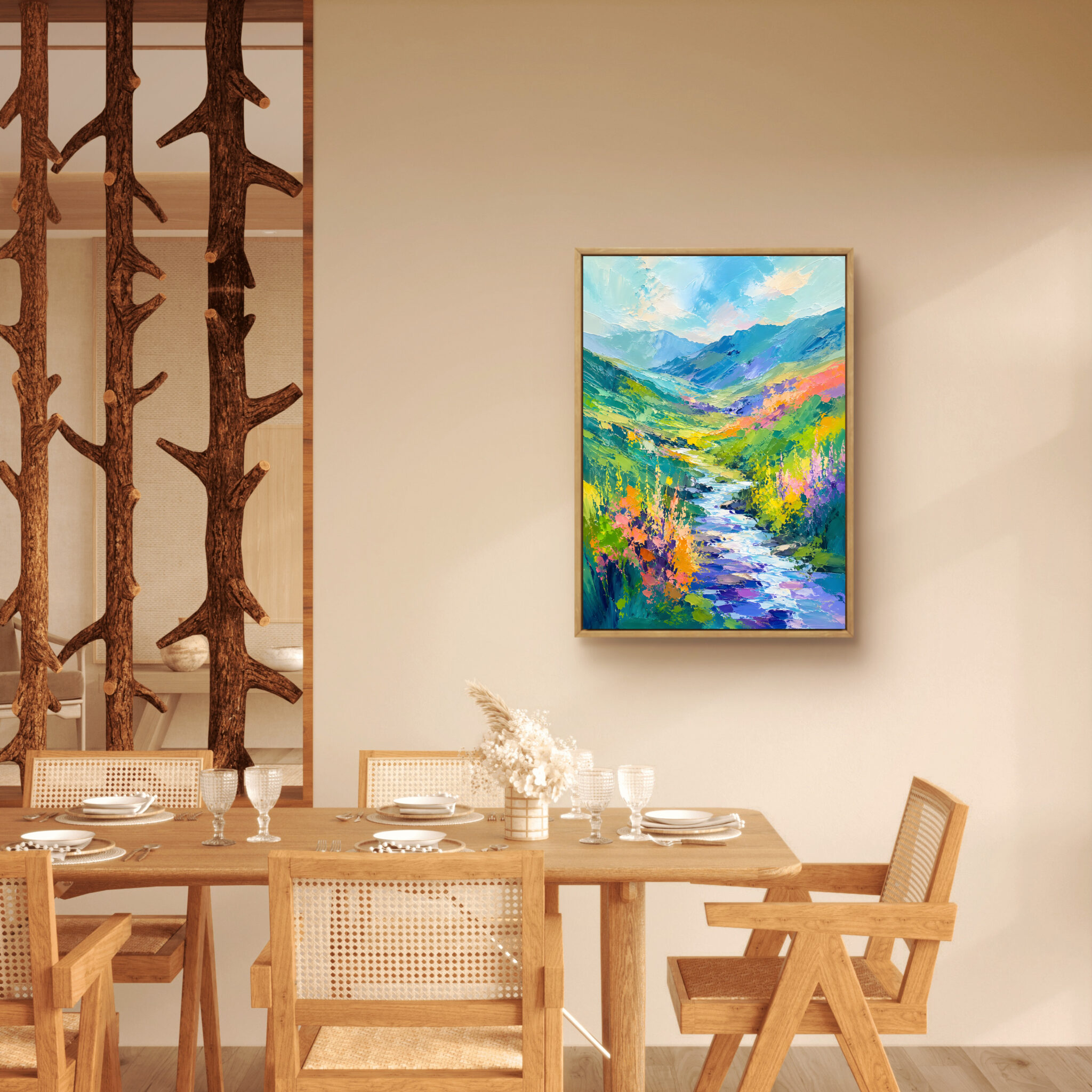 抽象 インテリアアート｜青い山並みと渓流の縦構図