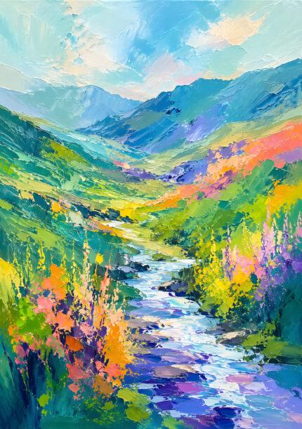 青い山並みと渓流を鮮やかに描いた縦構図の風景アートパネル