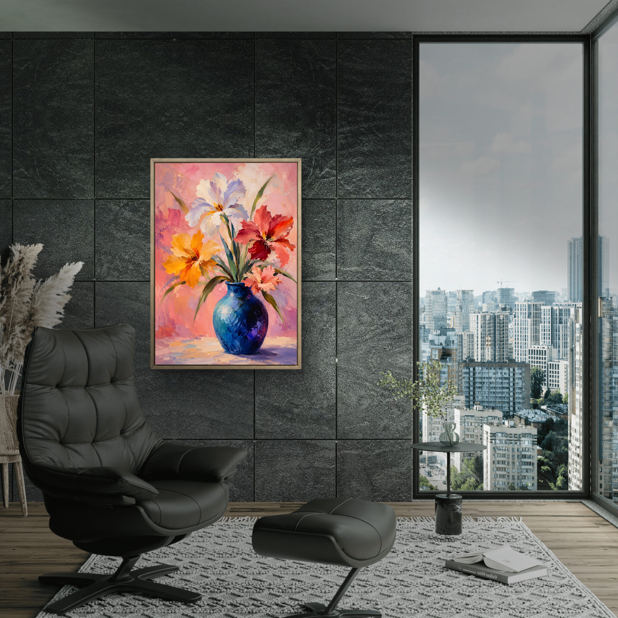 フラワーアートパネル｜青い花瓶とピンク背景の花の静物画