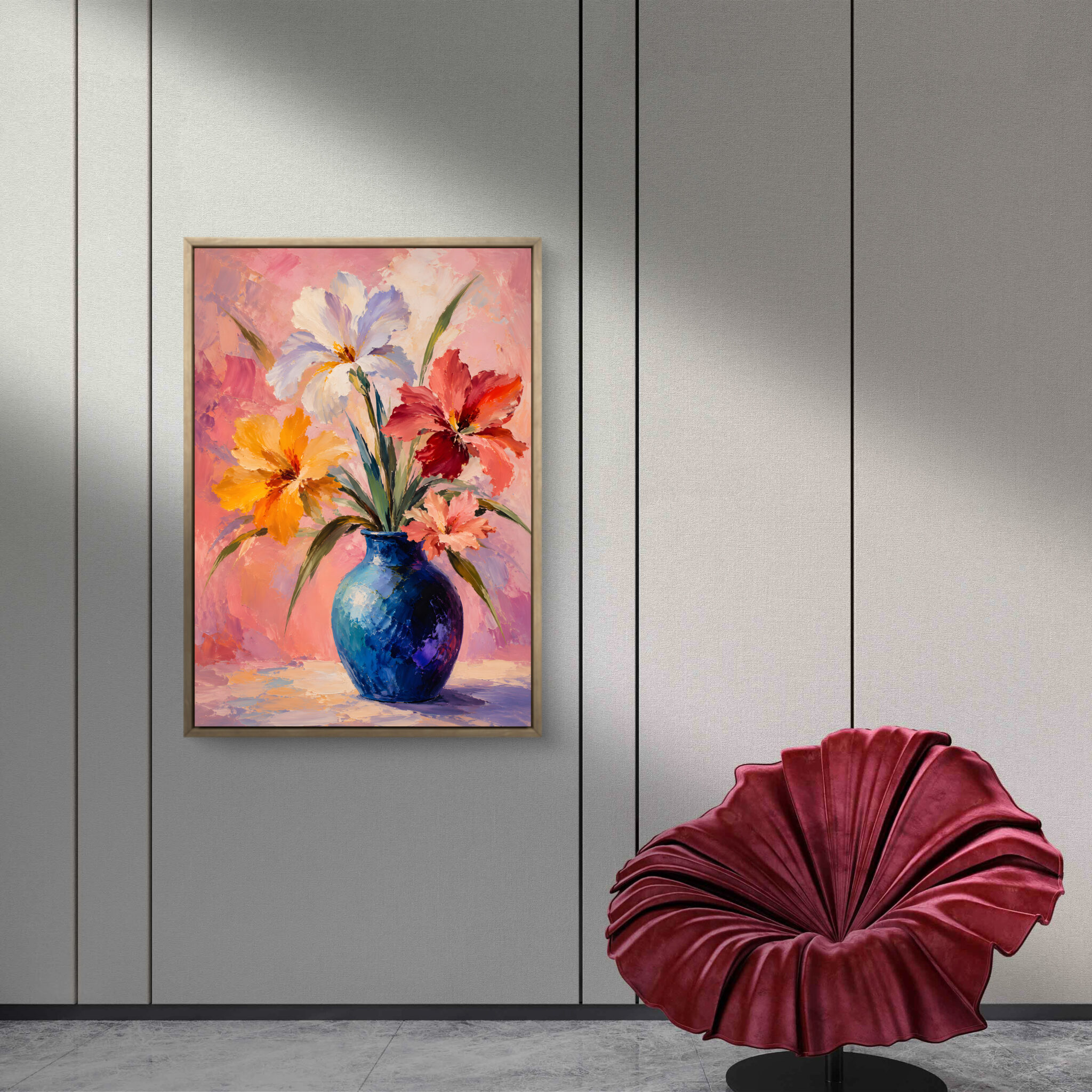 フラワーアートパネル｜青い花瓶とピンク背景の花の静物画