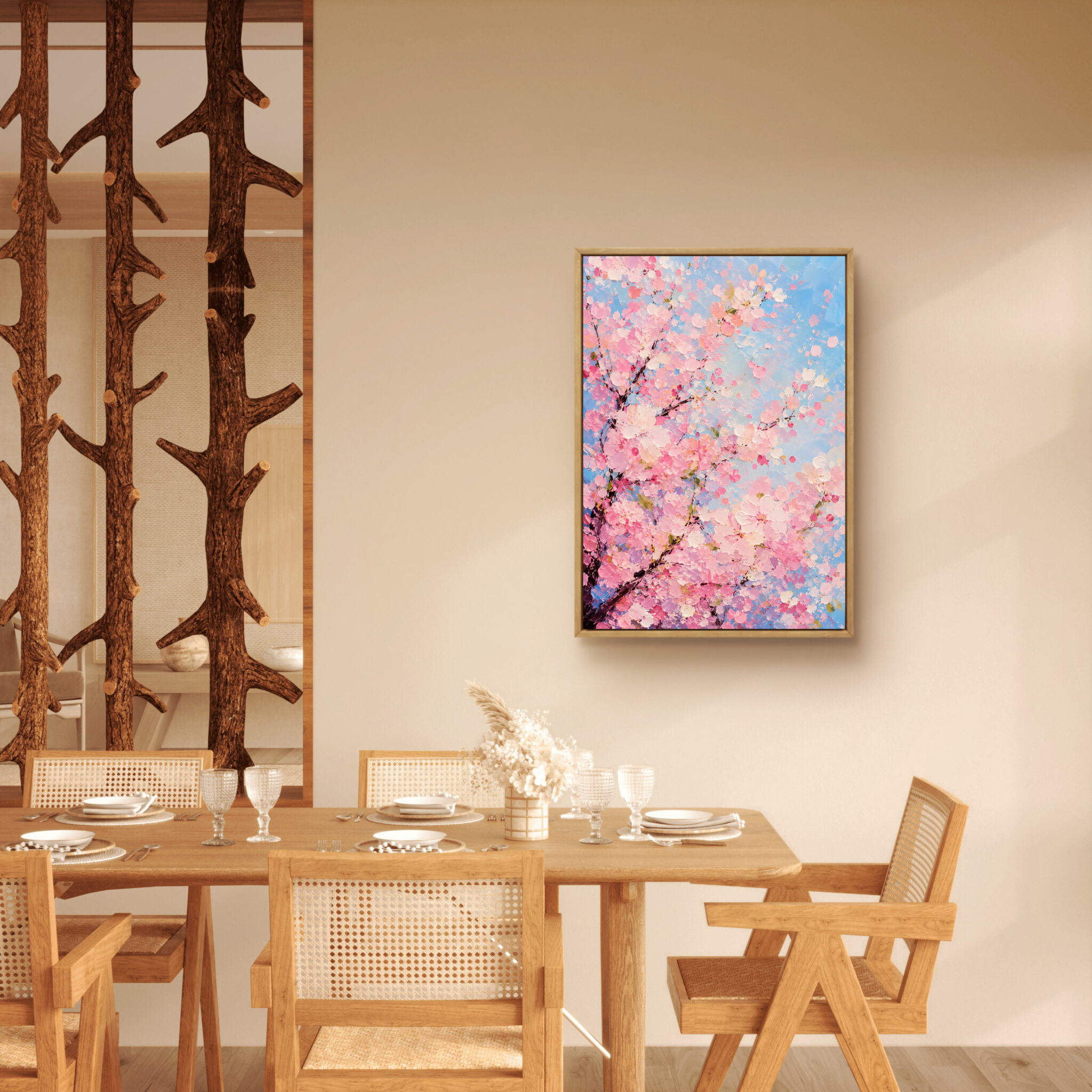 フラワー インテリアアート｜桜と青空が映える春の縦長作品