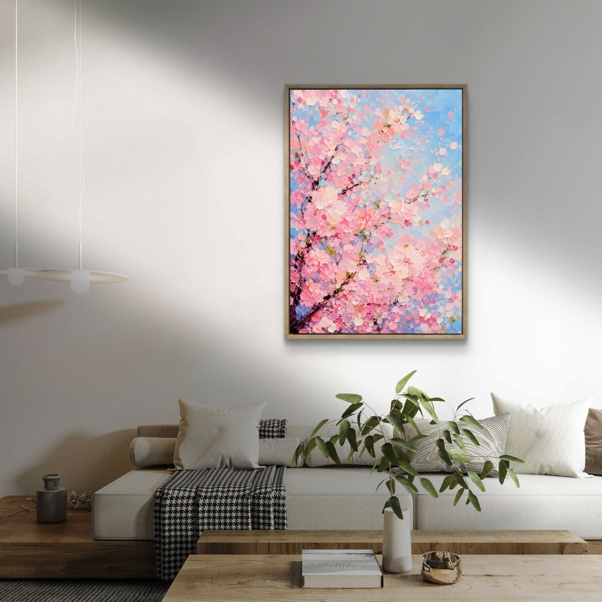 フラワー インテリアアート｜桜と青空が映える春の縦長作品
