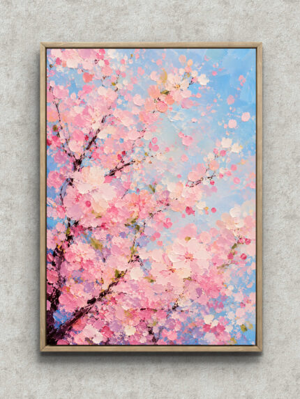 青空を背景に桜の花びらが舞う縦長のフラワー インテリアアート フレーム設置イメージ