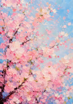 青空を背景に桜の花びらが舞う縦長のフラワー インテリアアート