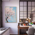 リビングに飾った桜モチーフのやわらかな縦長アートの設置イメージのアートパネル 設置イメージ 3