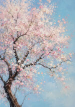水色の空に淡いピンクの桜が広がる縦構図のフラワーアートパネル