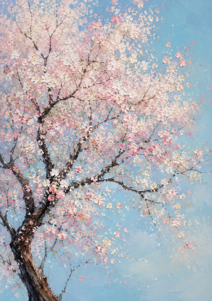 水色の空に淡いピンクの桜が広がる縦構図のフラワーアートパネル